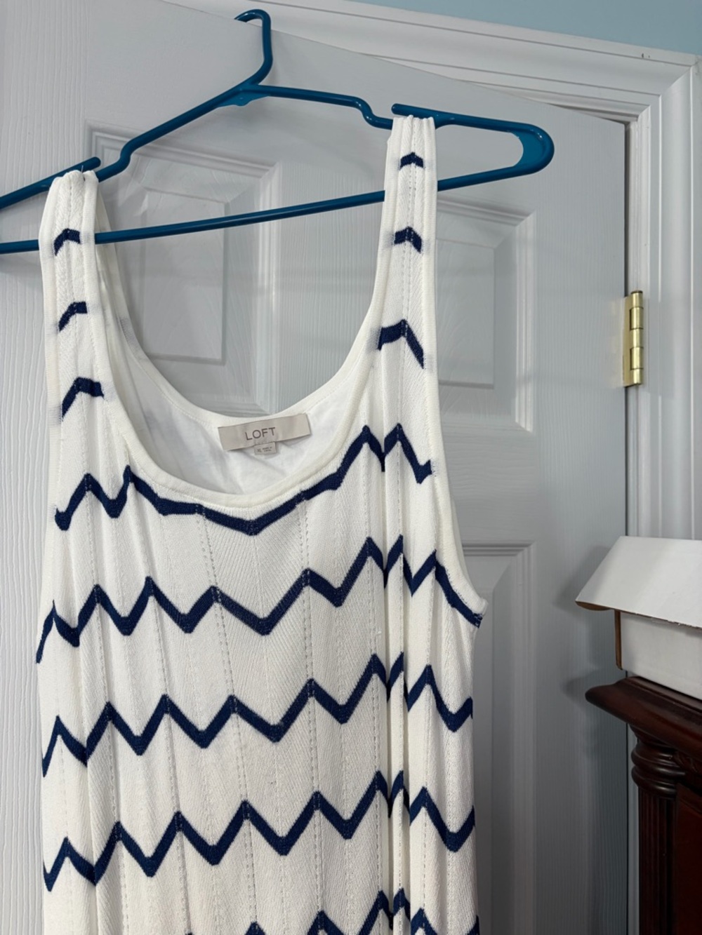 LOFT White and Navy Chevron Maxi Dress